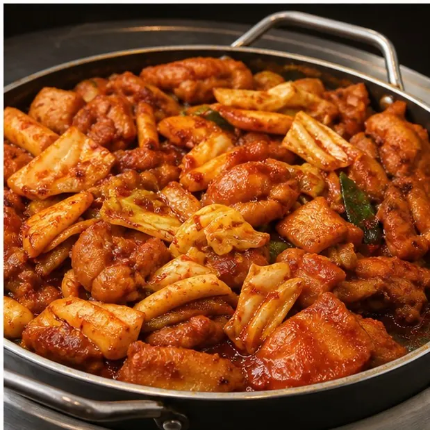 Chuncheon dakgalbi on a shared griddle