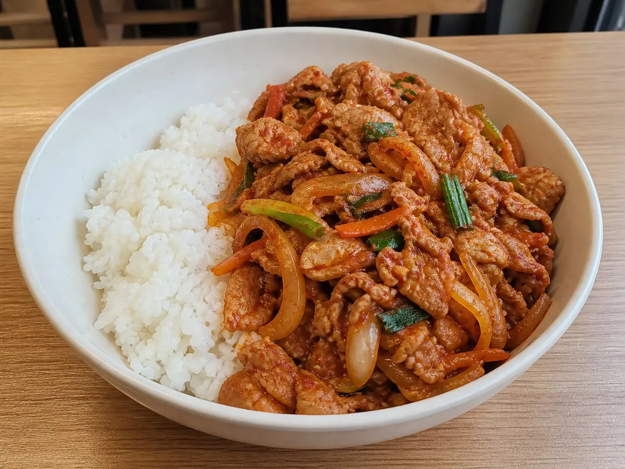 Jeyuk-deopbap with spicy stir-fried pork, onion and green onion beside white rice