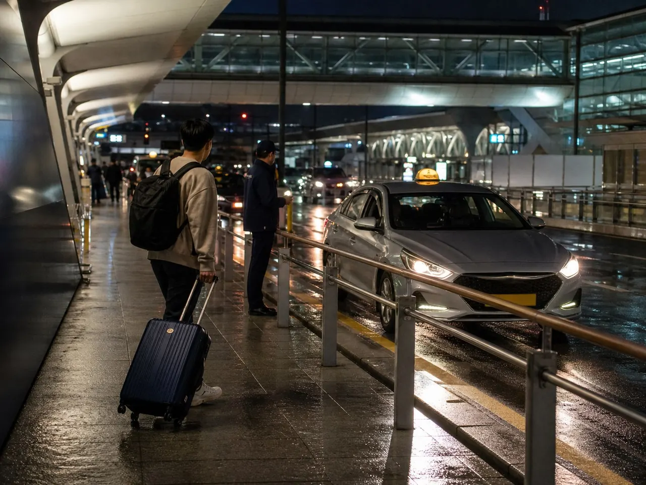 Tras el último tren o autobús, utiliza la fila señalizada de taxis del aeropuerto y muestra la dirección completa en coreano antes de subir.